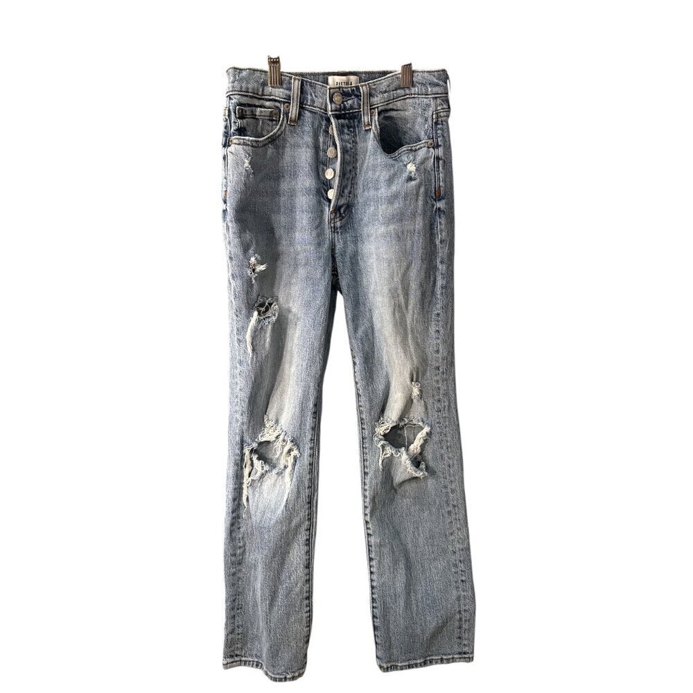Pistola Distressed Light Wash Button-Fly Straight-Leg Jeans Size 25 EUC